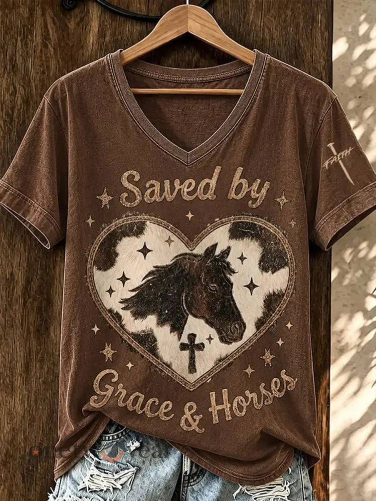 Women’s Saved By Grace & Horse Short-sleeved T-shirt - Dark Brown / S