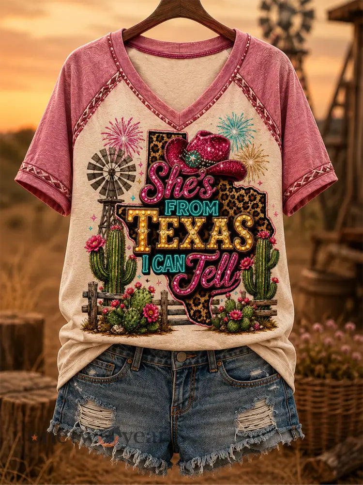 Women’s She’s From Texas I Can Tell Print Casual V-Neck Tee - Apricot / S