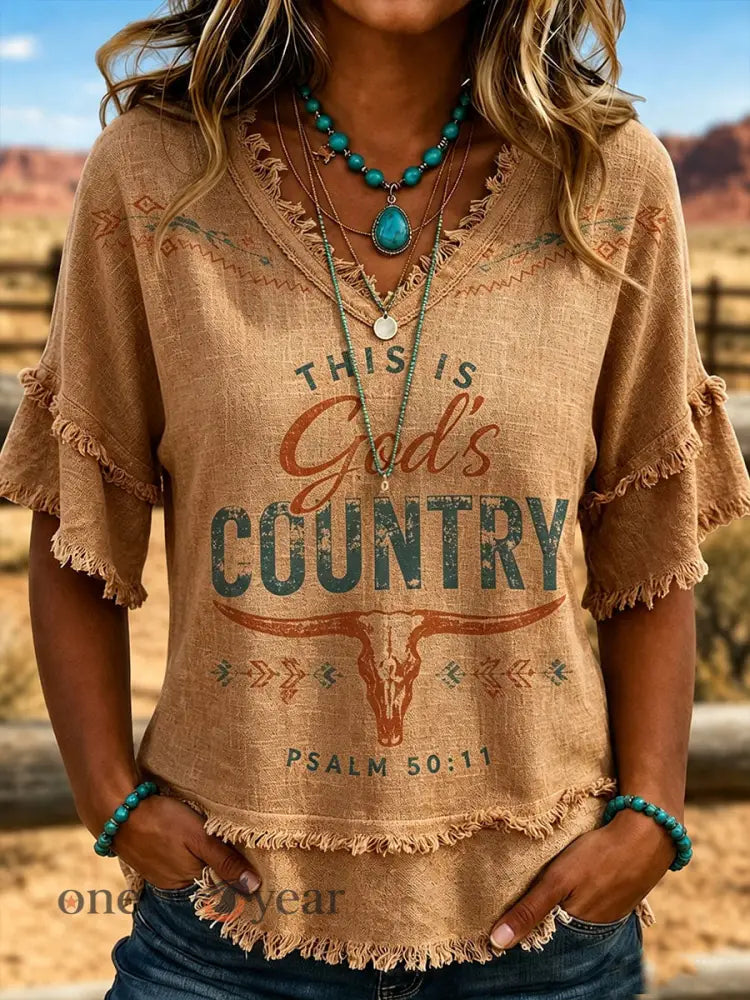 Women’s This Is God’s Country Cotton-Linen Shirt - Brown / S