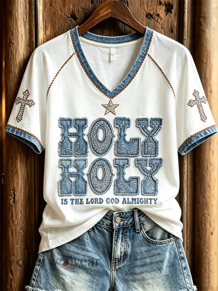 Women’s Vintage Holy Glitter Denim Art Print short-sleeved T-shirt - White / S