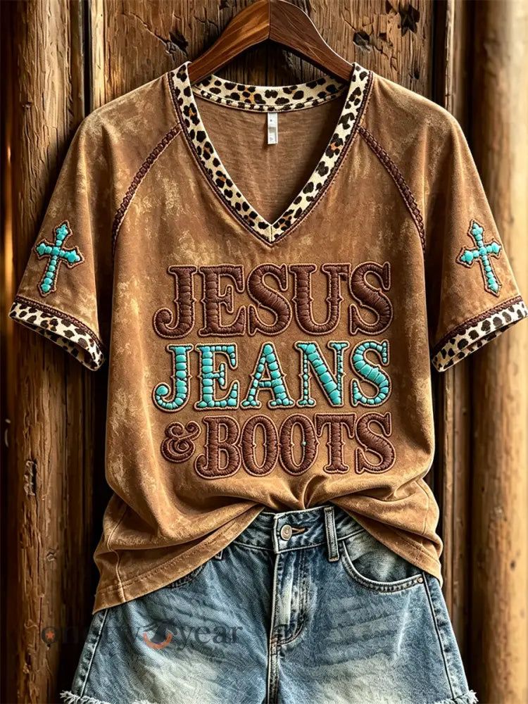 Women’s Vintage Jesus Jeans & Boots Turquoise Leopard Western Print short-sleeved T-shirt - Brown / S