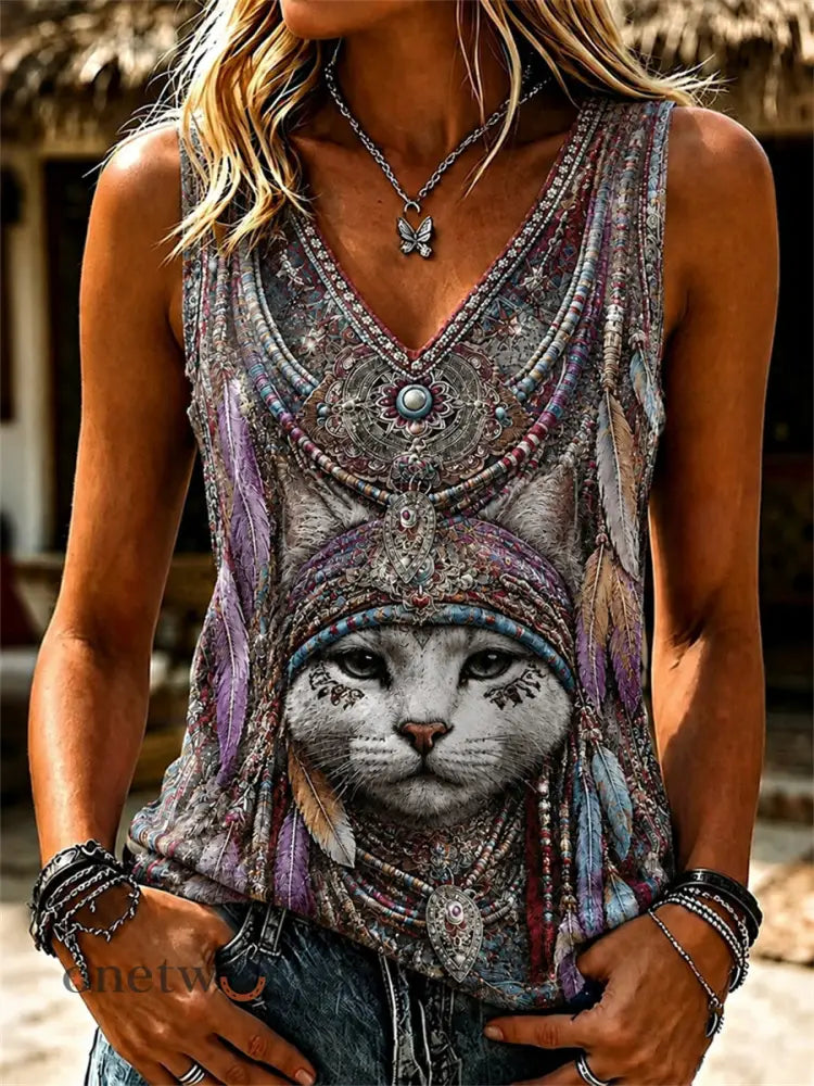 Women’s Vintage Western Cat Ethnic Feathers Art Print V Neck Tank Top - Purple / S