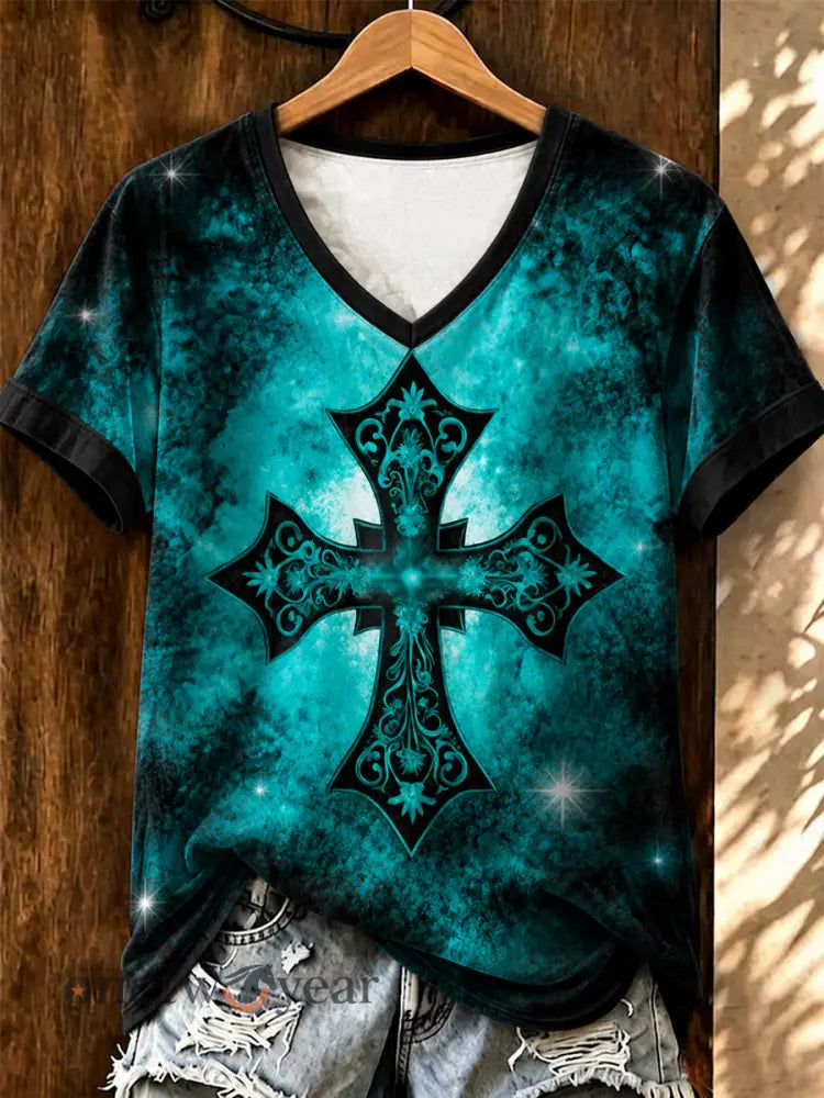 Women’s Vintage Western Faith Printed V-neck T-shirt - As picture / S