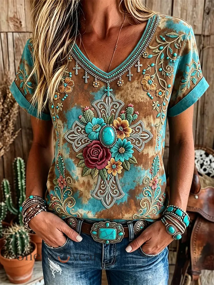 Women’s Vintage Western Floral Turquoise Cross Print Short-sleeved T-shirt - Turquoise / S