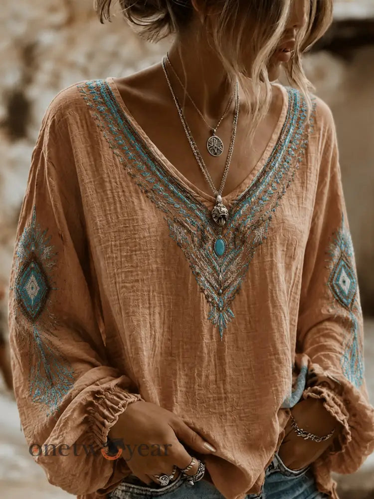Women’s Vintage Western Printed V-neck Cotton-Linen Shirt - As picture / S