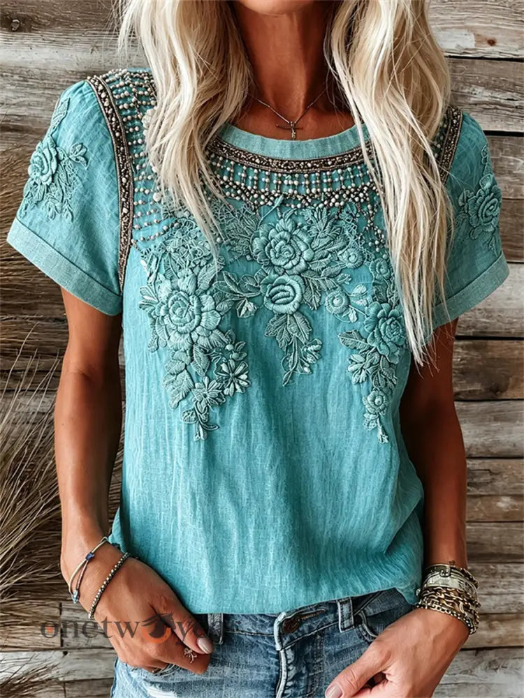 Women’s Vintage Western Turquoise Floral Print linen short-sleeved T-shirt - Blue-Green / S