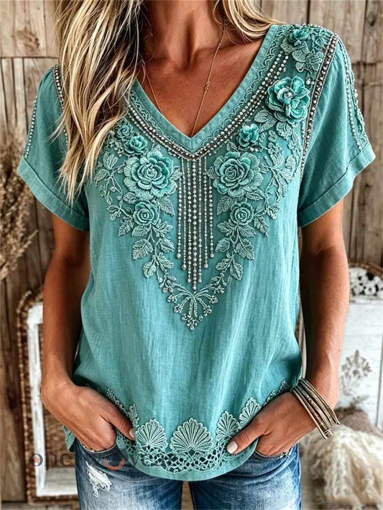 Women’s Vintage Western Turquoise Floral Print linen short-sleeved T-shirt - Blue-Green / S