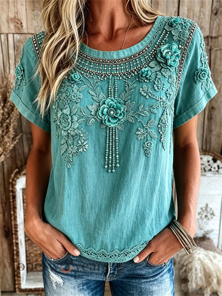 Women’s Vintage Western Turquoise Floral Print linen short-sleeved T-shirt - Blue-Green / S