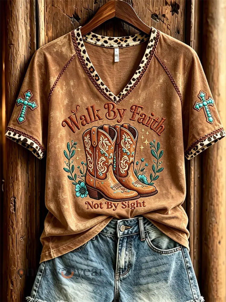 Women’s Walk By Faith Not By Sight Western Boots Turquoise Cross Leopard Print short-sleeved T-shirt - Brown / S