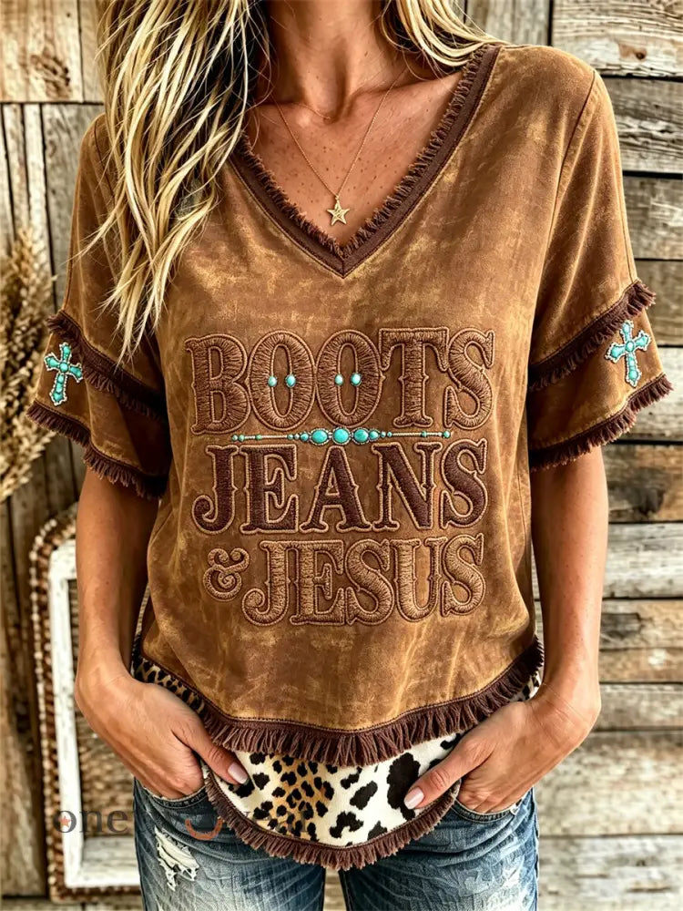Women’s Western Boots Jeans & Jesus Turquoise Cross Print Layered Fringe Trim Cotton-Linen Shirt - Brown / S