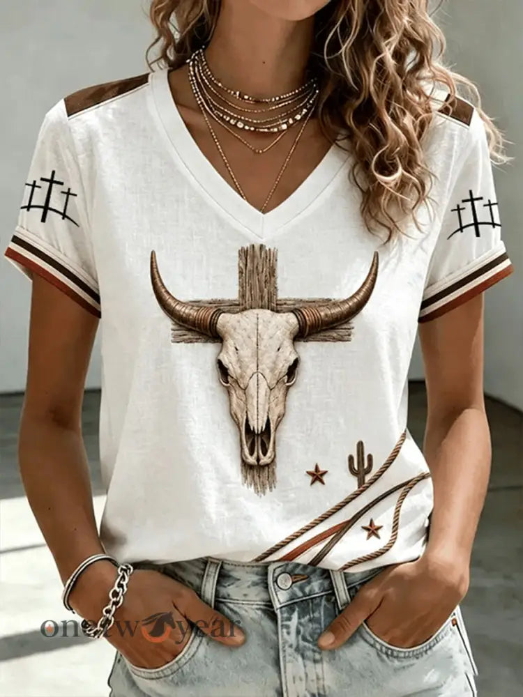 Women’s Western Bull Skull short-sleeved T-shirt - White / S