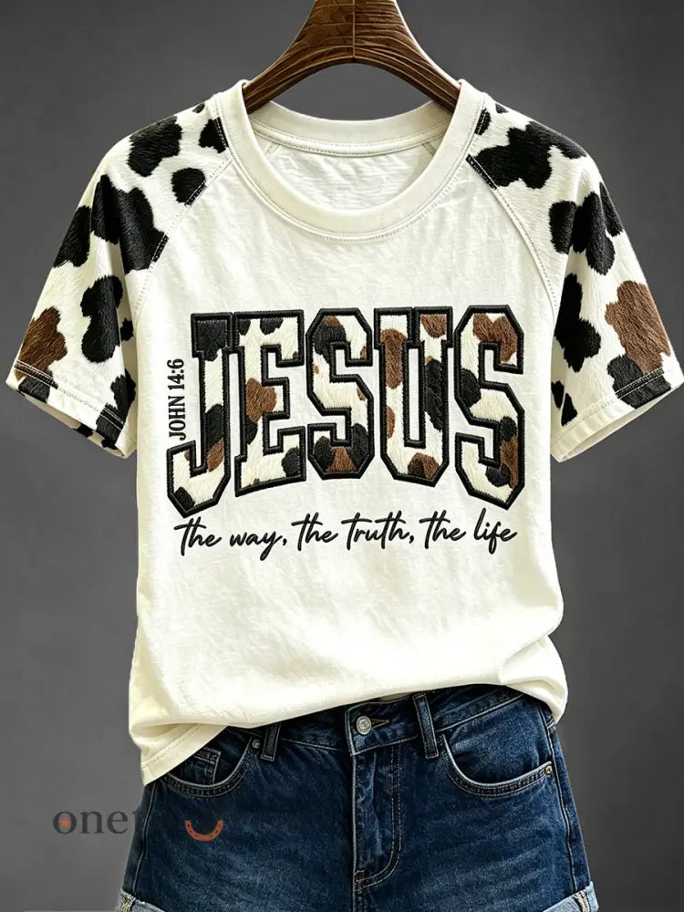 Women’s Western Cowhide Jesus Print Round Neck Short Sleeve T-shirt - White / S