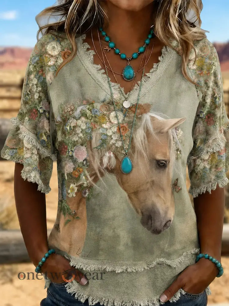 Women’s Western horse print Cotton-Linen Shirt - As picture / S