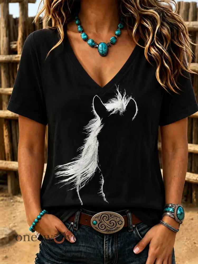 Women’s Western horse print short-sleeved T-shirt - Black / S