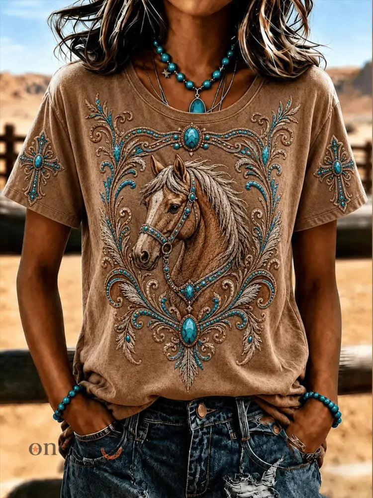 Women’s Western Horse Short-sleeved T-shirt - Brown / S
