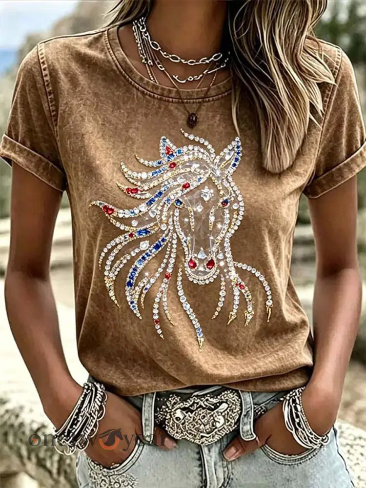 Women’s Western Horse Short-sleeved T-shirt - Brown / S