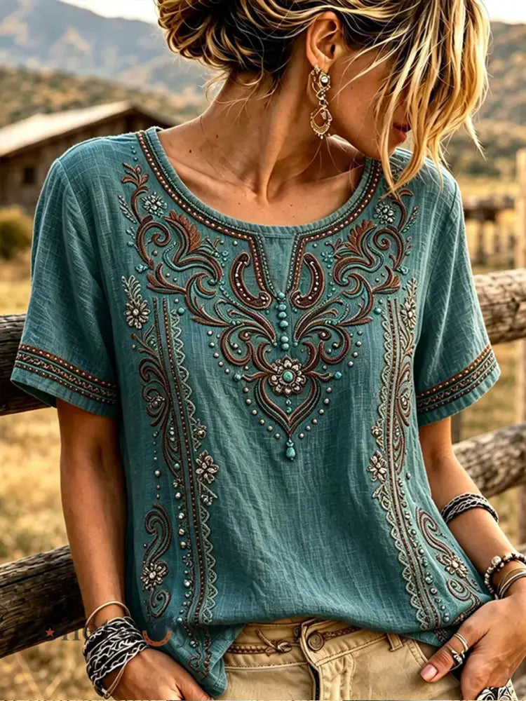 Women’s Western Style Cotton Linen Top - Green / S
