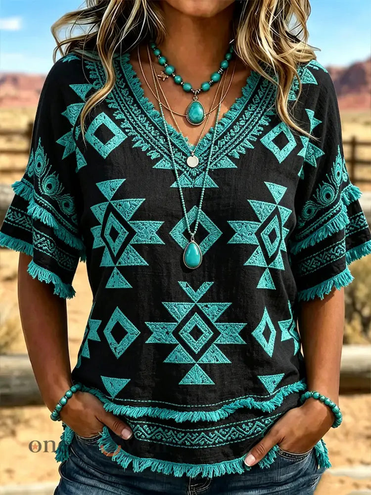 Women’s western style ethnic pattern printed casual cotton and linen shirt - Peacock Blue / S
