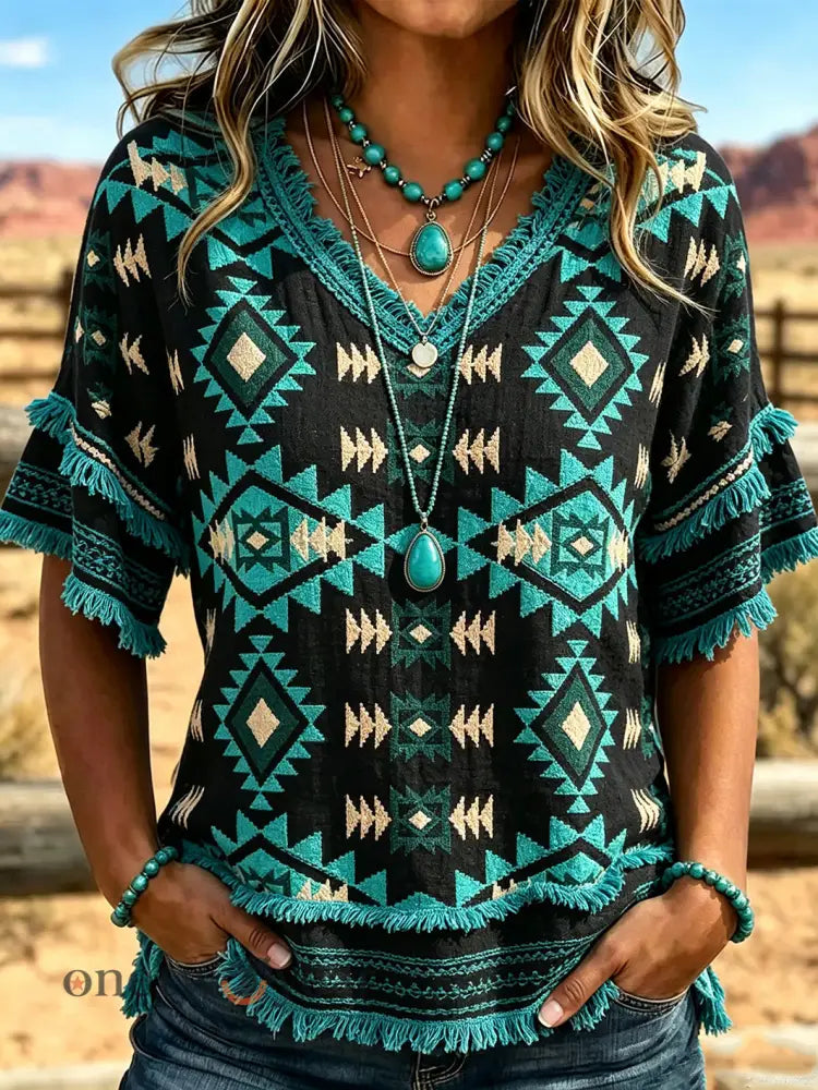 Women’s western style ethnic pattern printed casual cotton and linen shirt - Peacock Blue / S