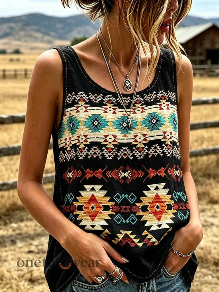 Women’s western style ethnic pattern printed casual cotton and linen vest - Black / S