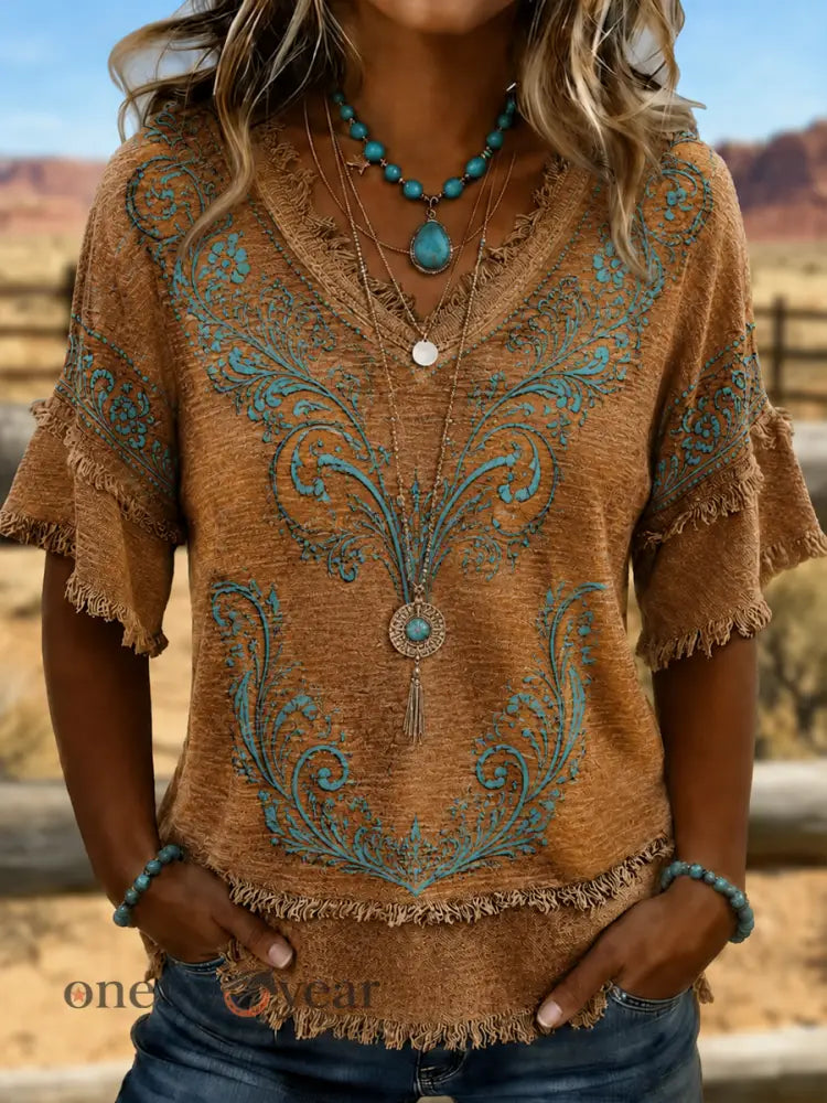 Women’s Western-style print Cotton-Linen Shirt - As picture / S