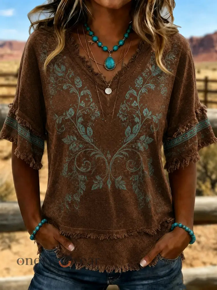 Women’s Western-style print Cotton-Linen Shirt - As picture / S