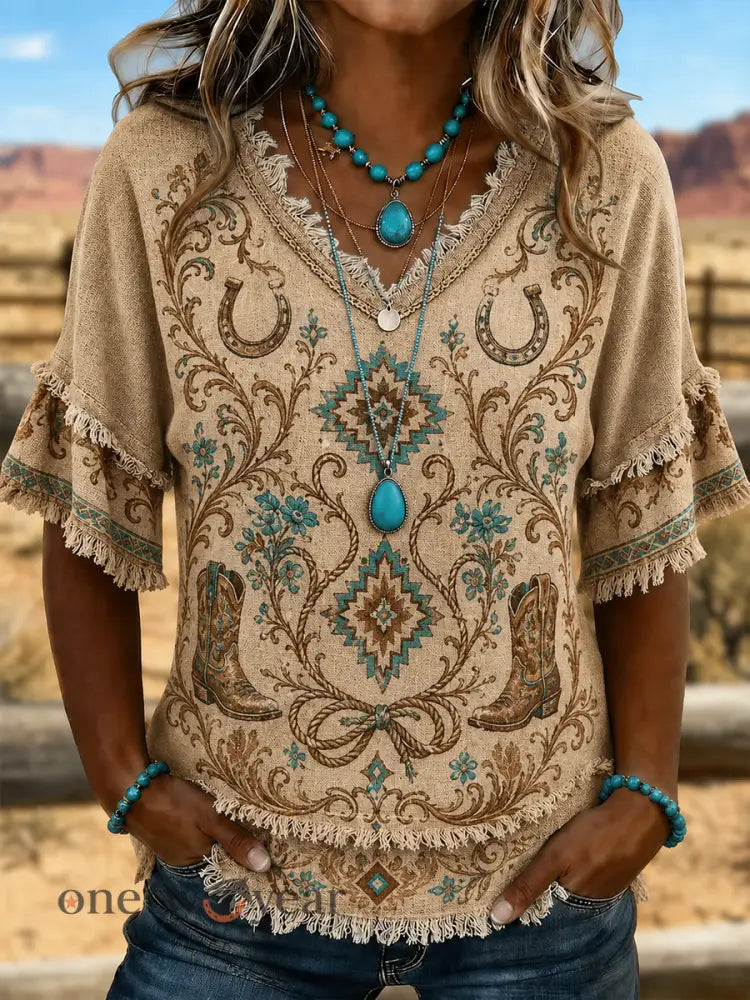 Women’s Western-style print Cotton-Linen Shirt - As picture / S