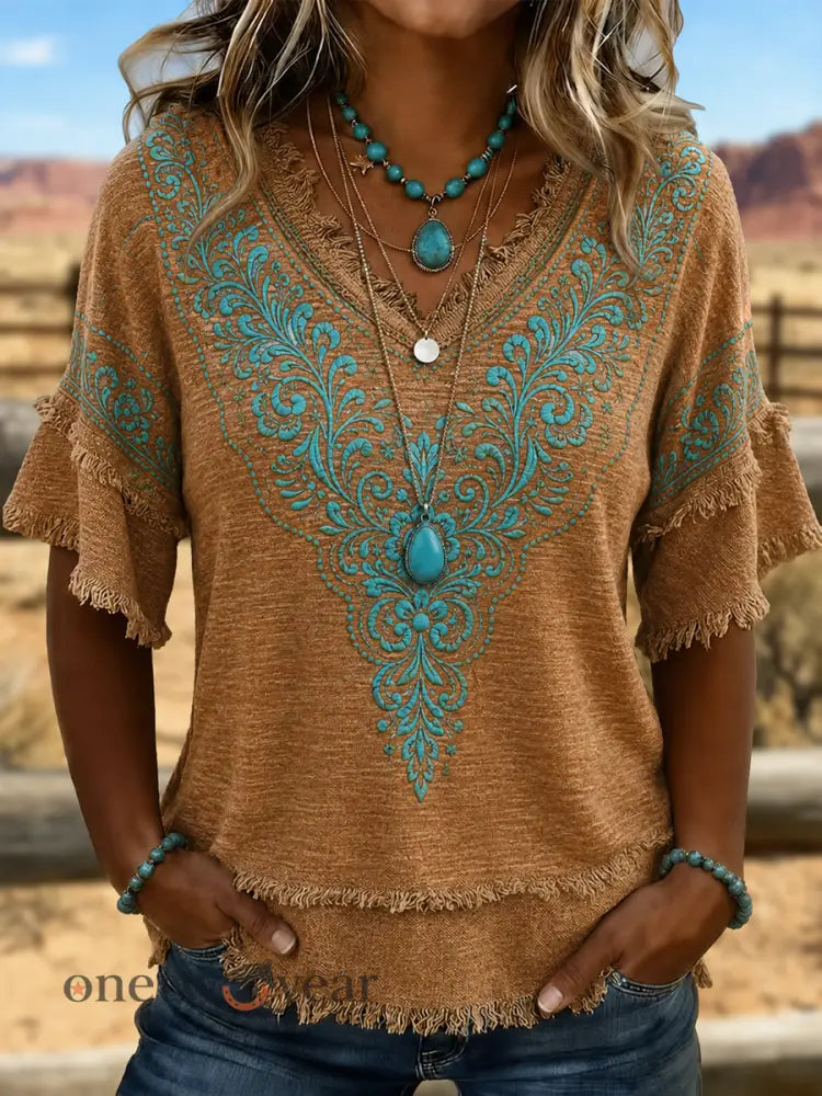 Women’s Western-style print Cotton-Linen Shirt - As picture / S