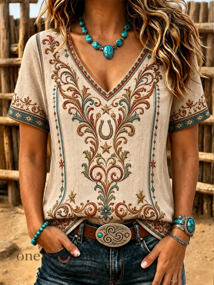 Women’s Western-style print short-sleeved T-shirt - As picture / S