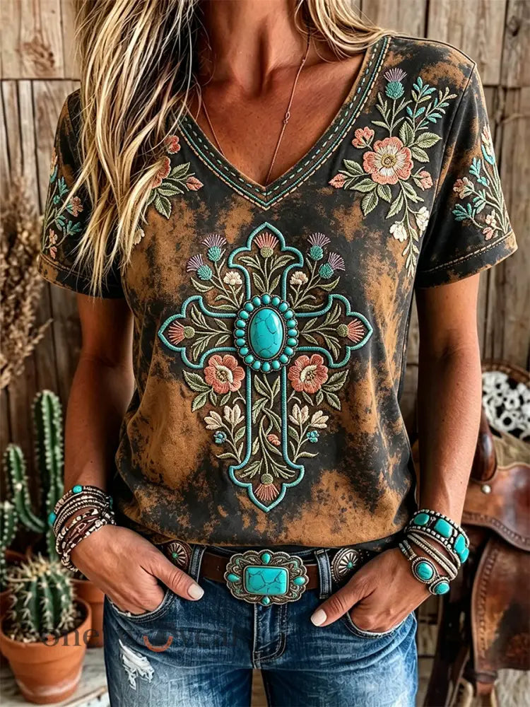 Women’s Western Turquoise Floral Cross Faith Art Print Short-sleeved T-shirt - Black-Brown / S