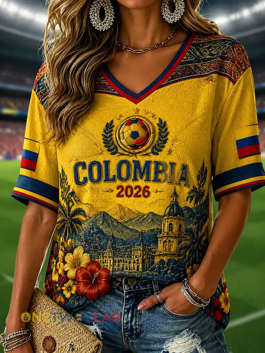 2026 Colombia Floral Art Casual Camiseta con cuello en V - como imagen / S