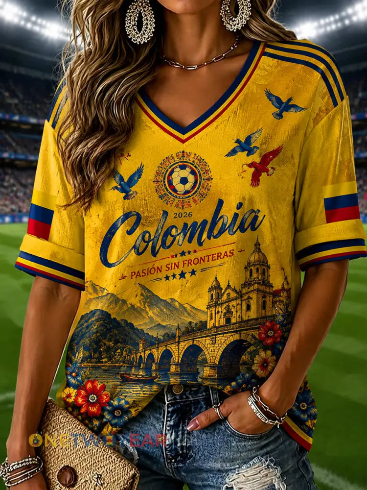 2026 Colombia Fútbol Conmemorativo Casual V-cuello de la camiseta - como imagen / S