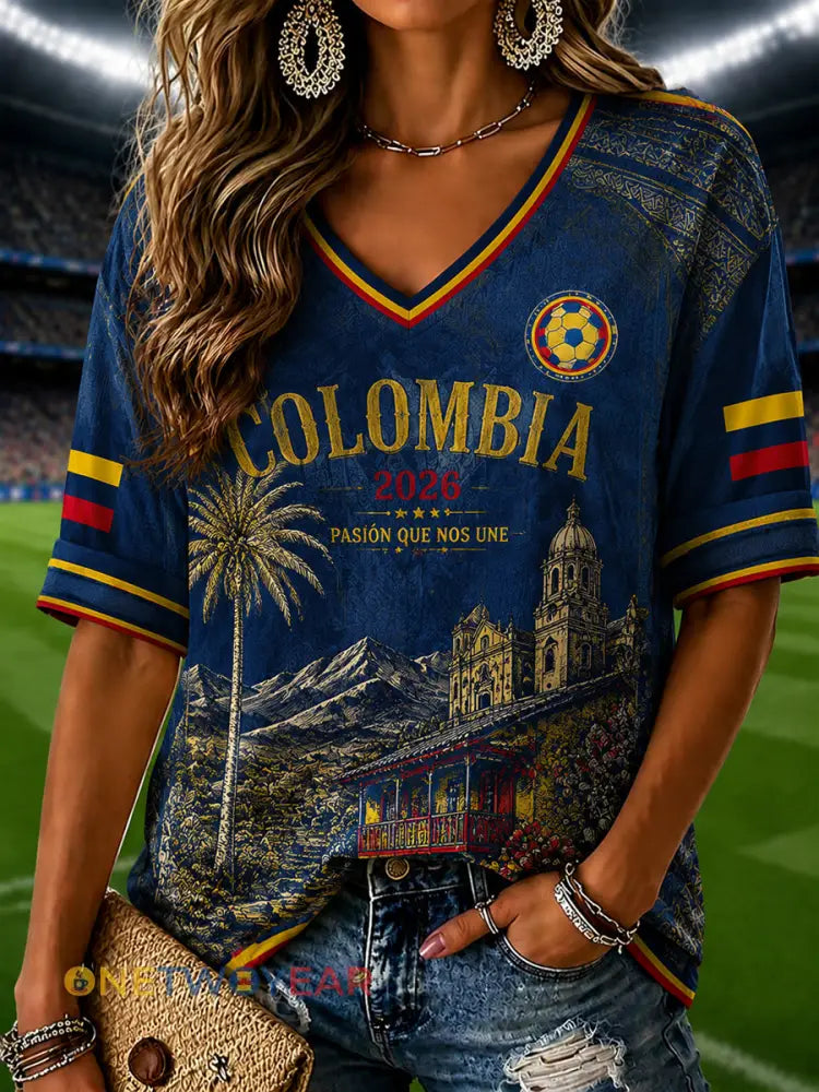 2026 Colombia Soccer Conmemorative Art Camiseta cuello en V - como imagen / S