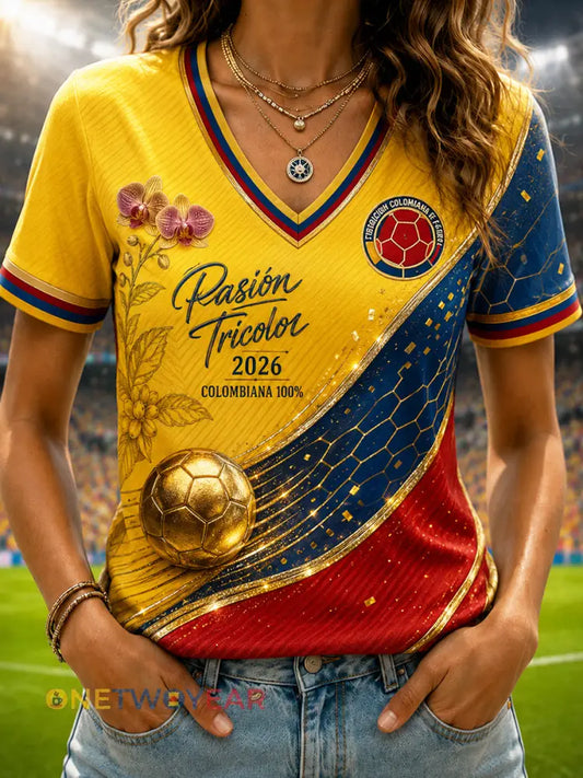 2026 Columbia Soccer-Print Casual V-Neck Camiseta Mujer - como imagen / S