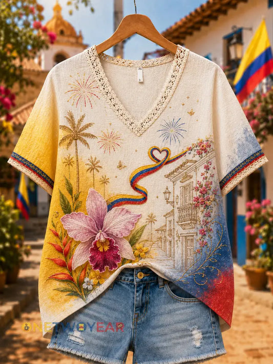 Blusa clásica floral de lino de algodón con cuello en V del día de la independencia colombiana - como imagen / S