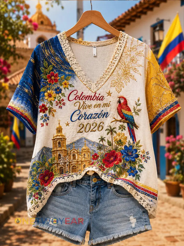 Blusa de lino de algodón con cuello en V floral degradado del día de la independencia colombiana - como imagen / S