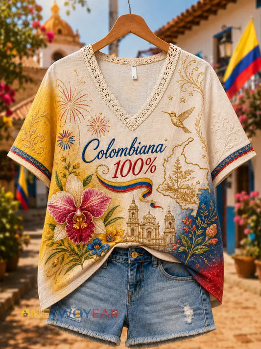 Blusa floral de lino de algodón con cuello en V del día de la independencia colombiana - como imagen / S
