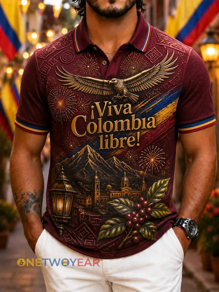 Camisa de polo casual de cóndor andino retro del día de la independencia de Columbia para hombre - como imagen / S
