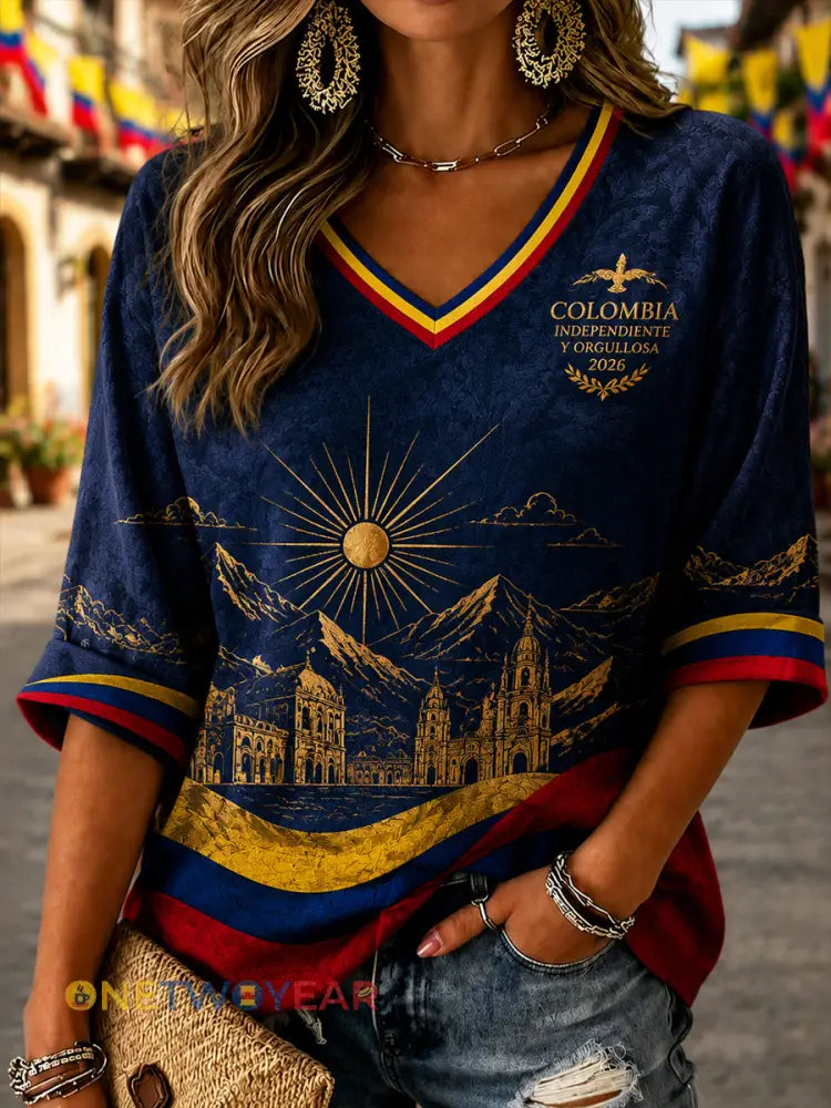 Camiseta casual artística del día de independencia de Columbia para mujer - como imagen / S