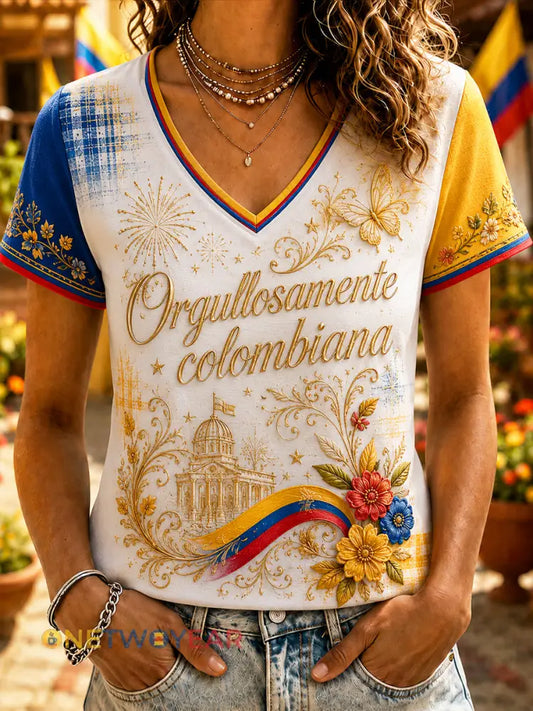 Camiseta casual clásica floral retro del día de la independencia de Columbia para mujer - como imagen / S
