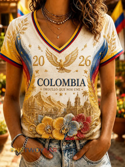 Camiseta casual clásica retro del día de la independencia de Columbia para mujer - como imagen / S