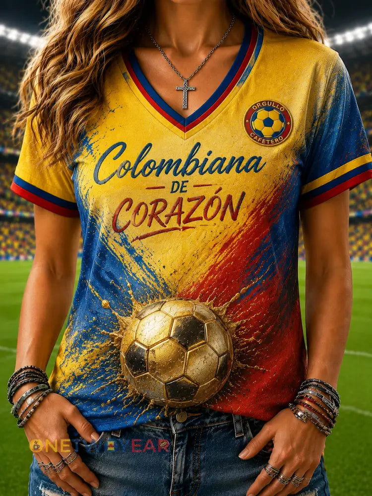 Camiseta casual con cuello en V conmemorativa de fútbol retro de Columbia para mujer - como imagen / S