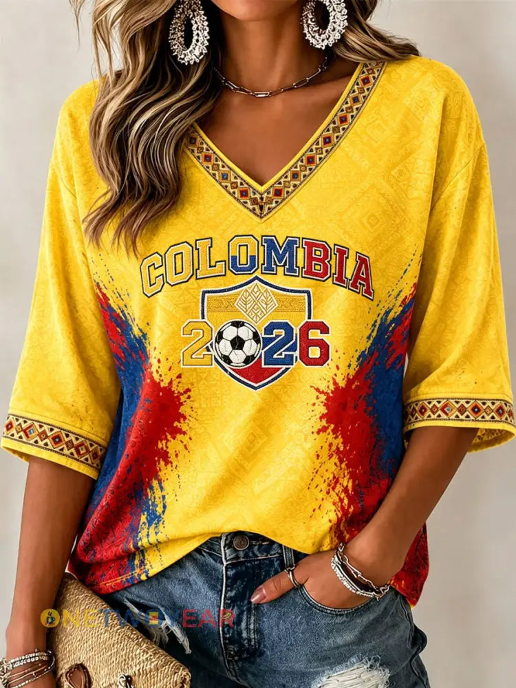 Camiseta casual con estampado de fútbol de Columbia para mujer - amarillo / S