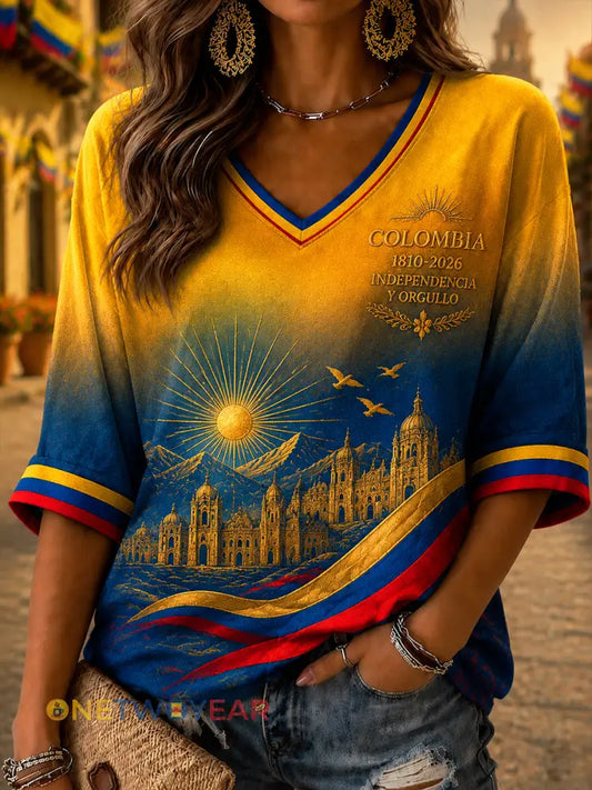 Camiseta casual con gradiente de Columbia Independence Day retro para mujer - como imagen / S