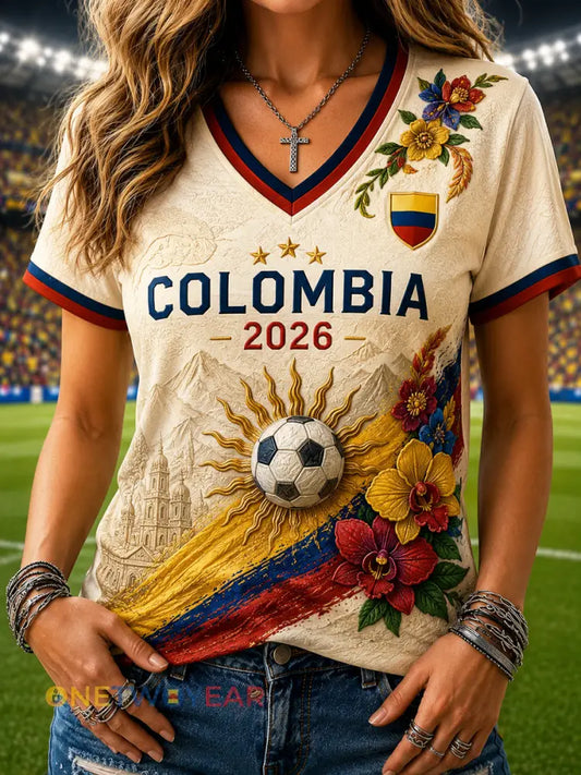 Camiseta casual de cuello en V para aficionadas al fútbol estilo retro de Columbia para mujer - como imagen / S