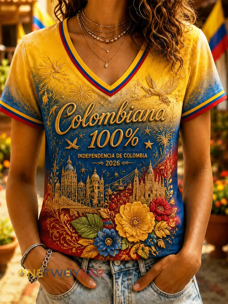 Camiseta casual floral retro del día de la independencia de Columbia para mujer - como imagen / S