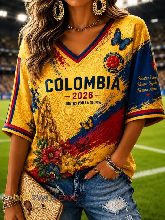 Camiseta clásica con cuello en V retro de la mariposa del fútbol de Columbia para mujer - como imagen / S