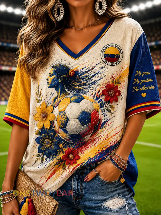 Camiseta con cuello en V casual de patchwork floral retro de Columbia Soccer para mujer - como imagen / S