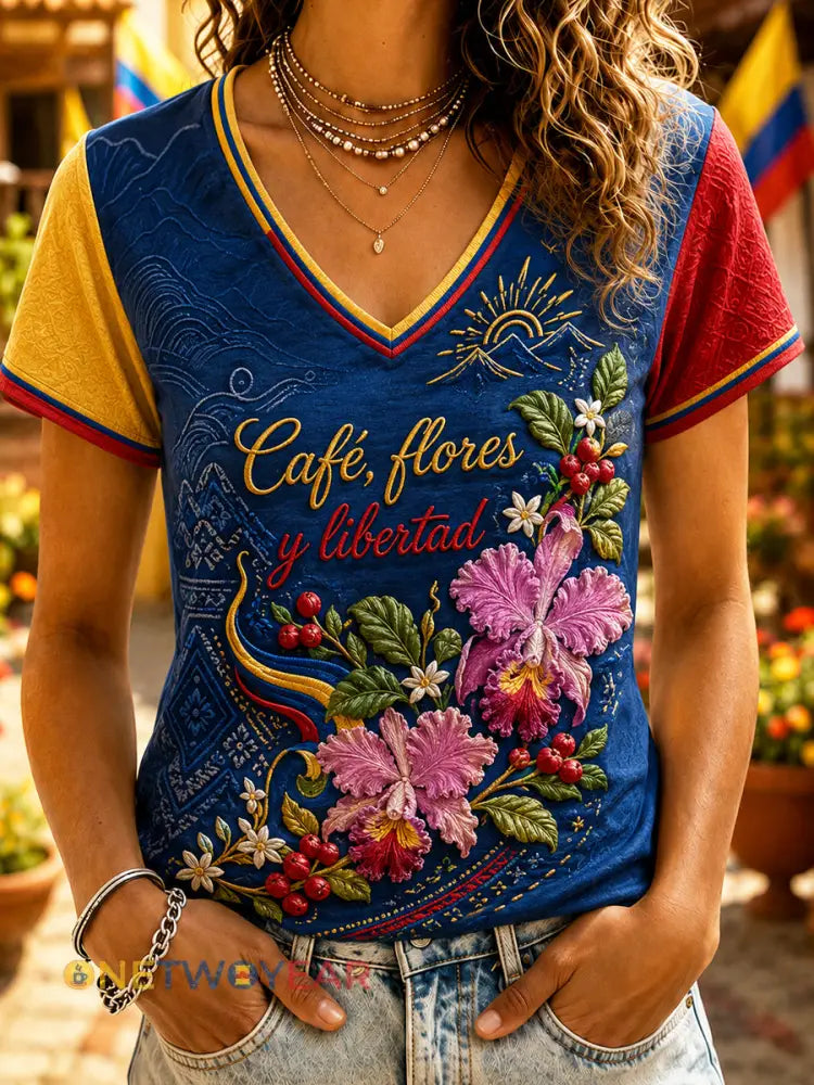 Camiseta con cuello en V Columbia Independence Day Floral para mujer - como imagen / S