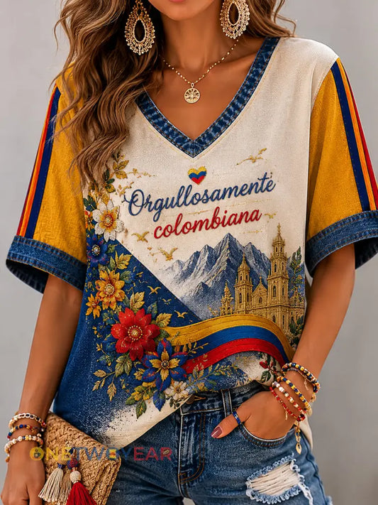 Camiseta con cuello en V Columbia Independence Day Patchwork para mujer - como imagen / S